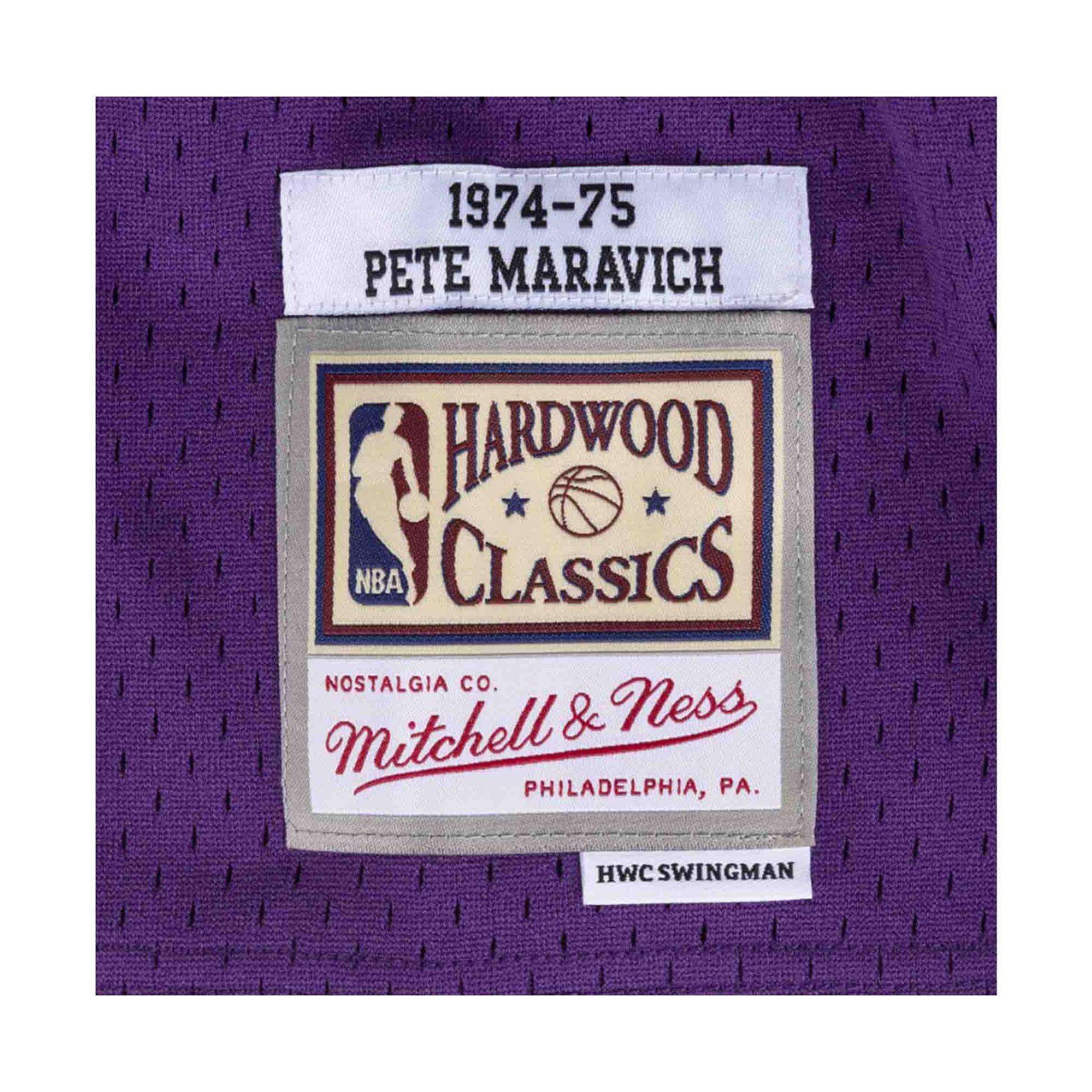 Pete Maravich New Orleans Jazz Mitchell & Ness Hardwood Classics 1974/75  Split Swingman Jersey - Purple/Yellow